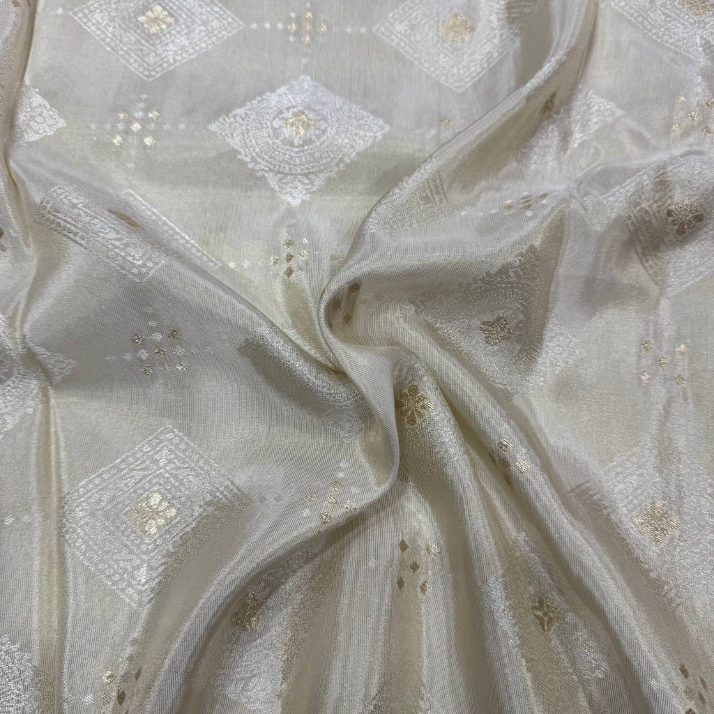 White & Gold Floral Dyeable Zari Banarasi Self Work Viscose Tissue Silk Fabric