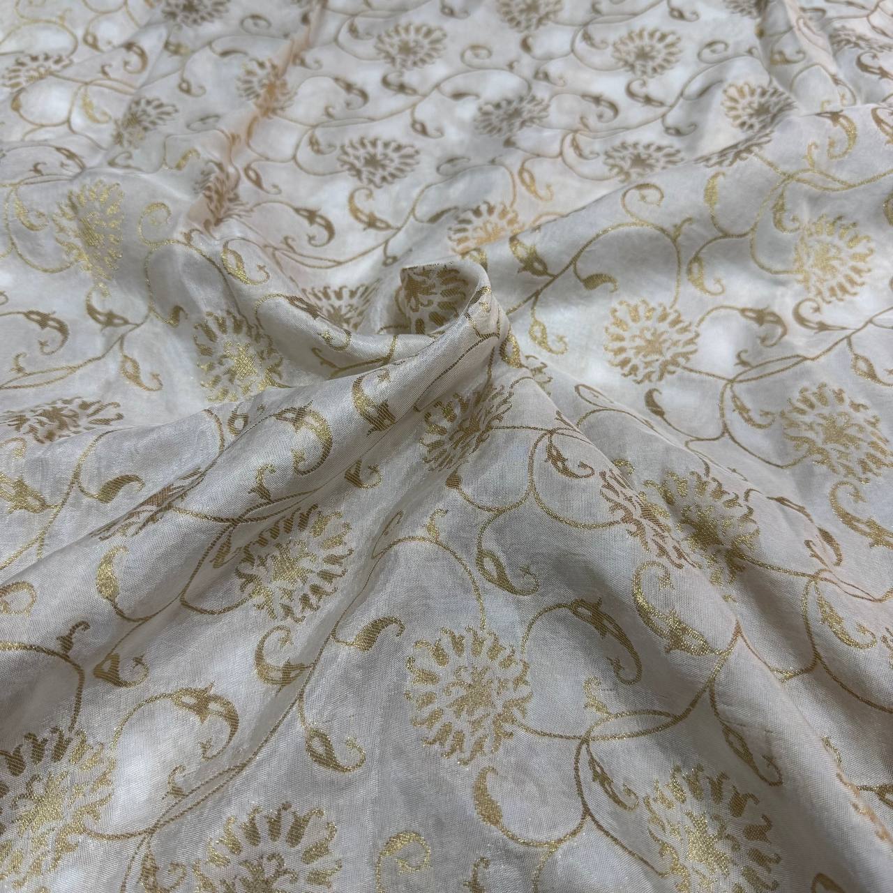 White & Golden Floral Dyeable Zari Banarasi Russian Silk Fabric