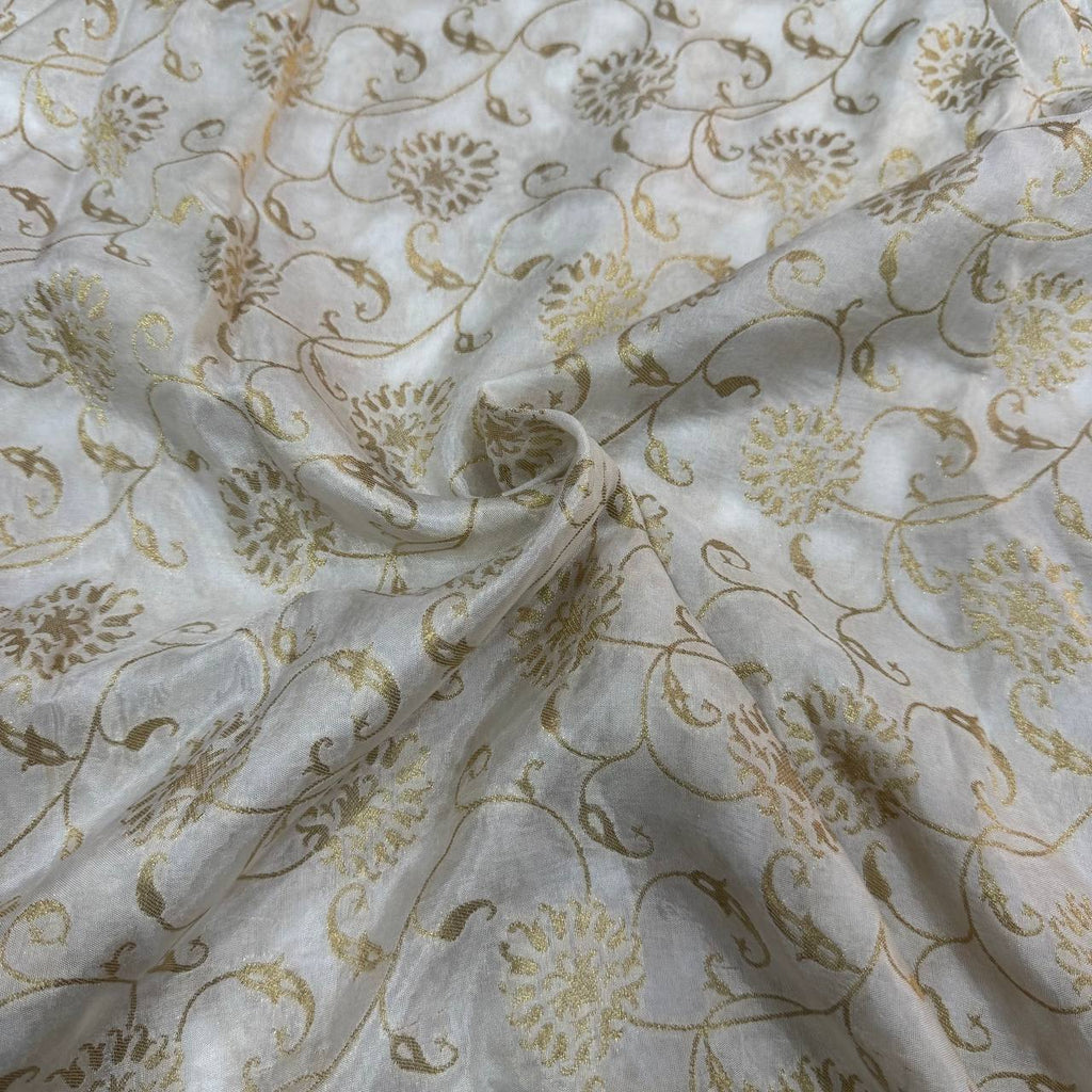 White & Golden Floral Dyeable Zari Banarasi Russian Silk Fabric