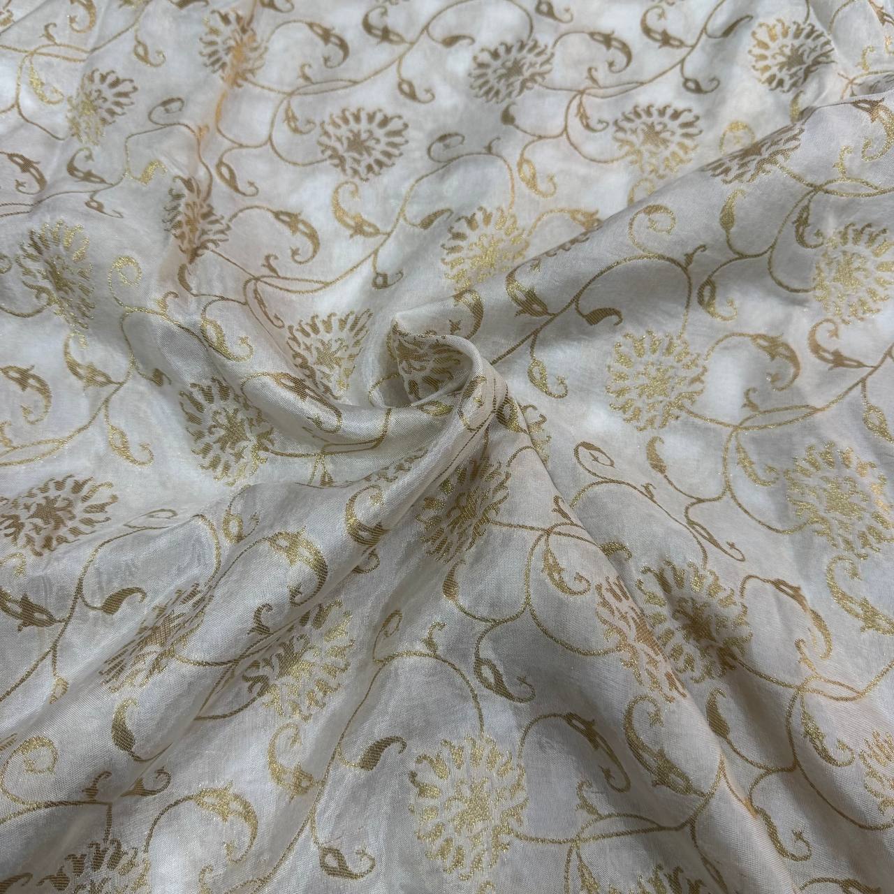 White & Golden Floral Dyeable Zari Banarasi Russian Silk Fabric