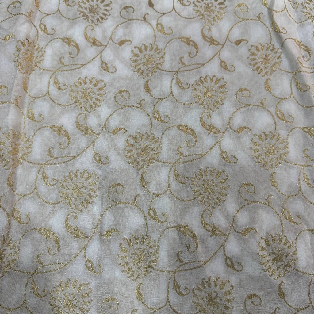 White & Golden Floral Dyeable Zari Banarasi Russian Silk Fabric