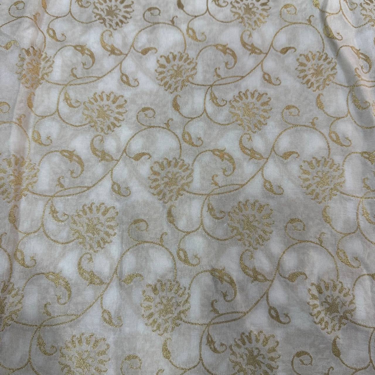White & Golden Floral Dyeable Zari Banarasi Russian Silk Fabric