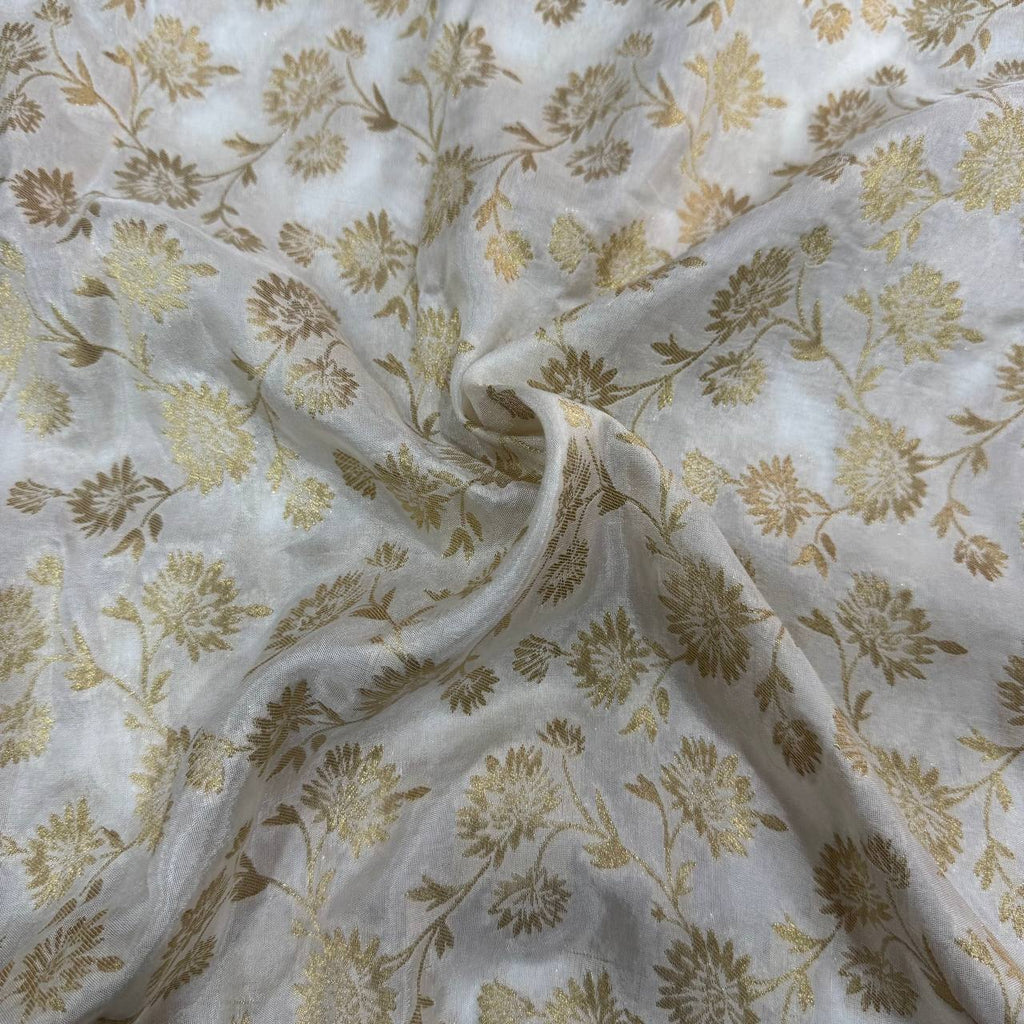 White & Golden Floral Dyeable Zari Banarasi Russian Silk Fabric