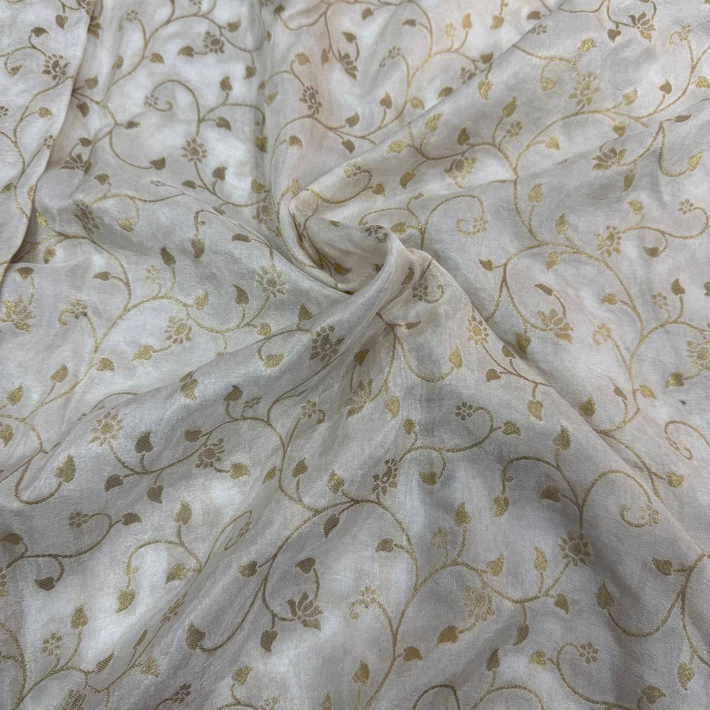 White & Golden Floral Dyeable Zari Banarasi Russian Silk Fabric