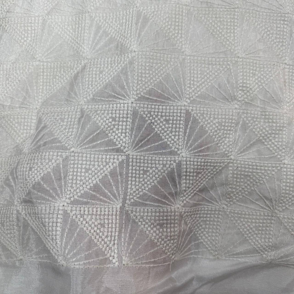 White Geometric Dyeable Lakhnavi Embroidered Viscose Uppada Silk Fabric