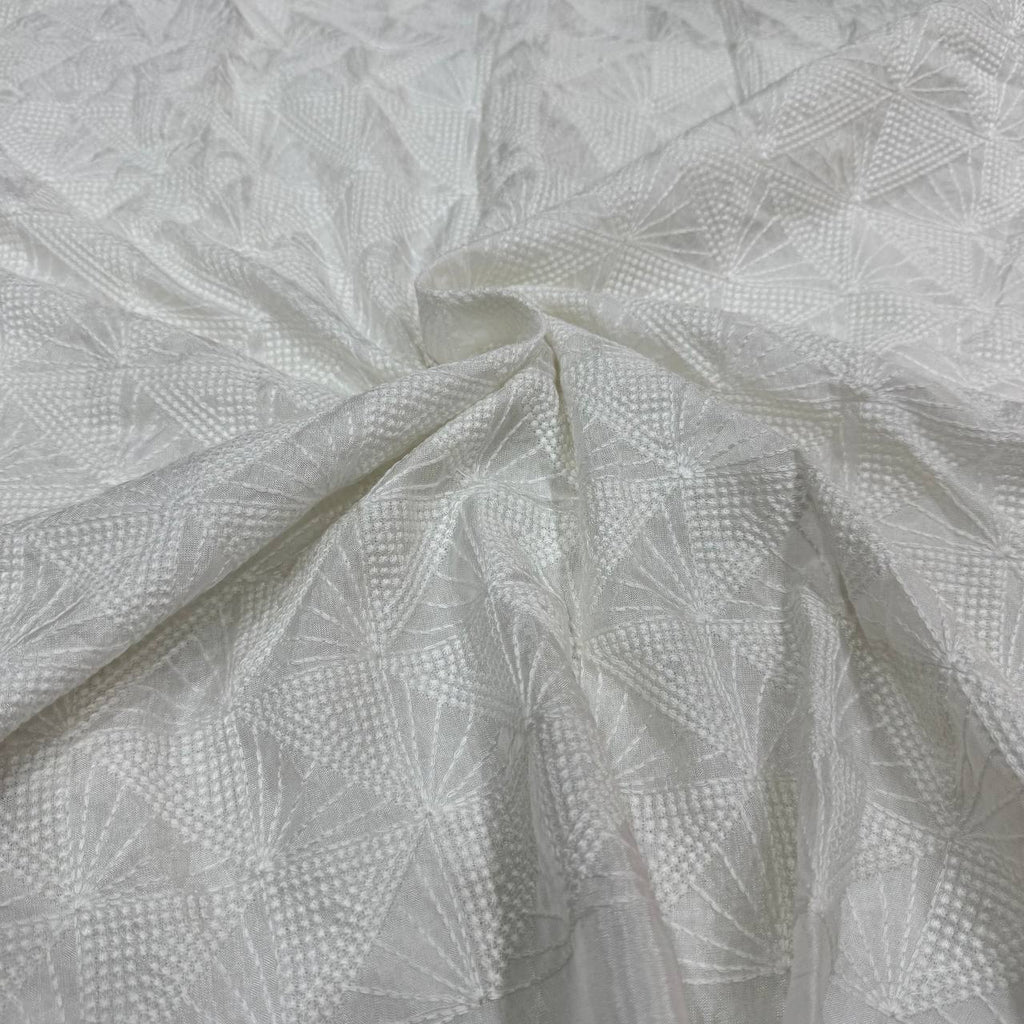 White Geometric Dyeable Lakhnavi Embroidered Viscose Uppada Silk Fabric