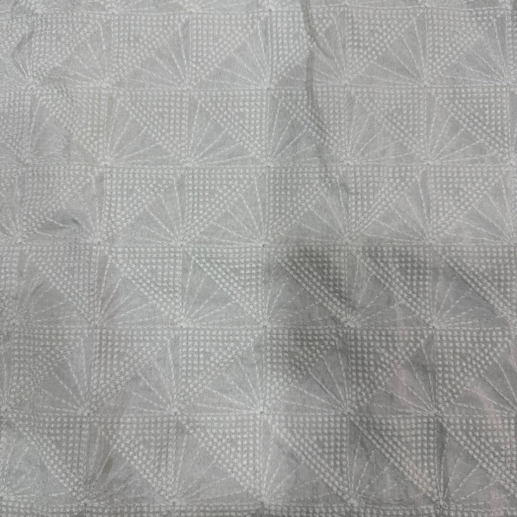 White Geometric Dyeable Lakhnavi Embroidered Viscose Uppada Silk Fabric
