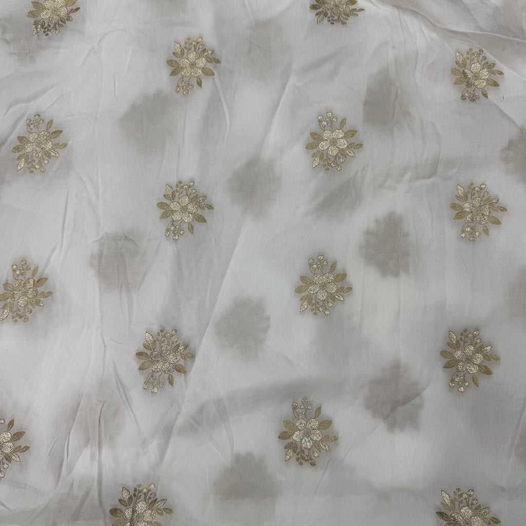 White & Golden Floral Dyeable Zari Flower Butti Banarasi Russian Silk Fabric