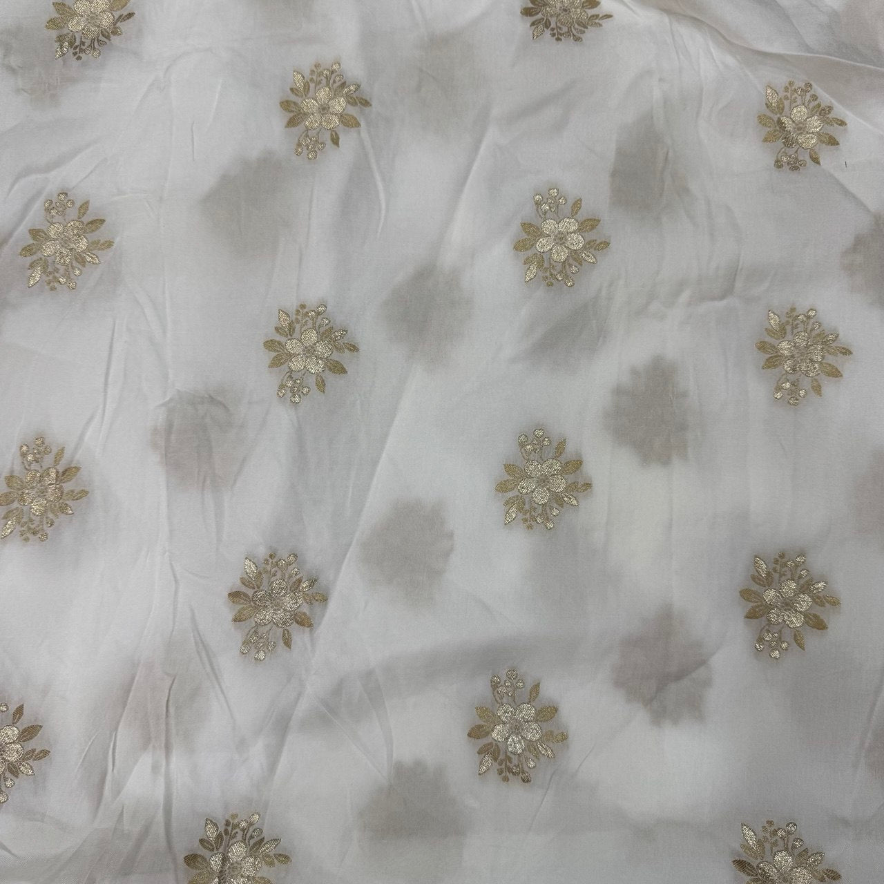 White & Golden Floral Dyeable Zari Flower Butti Banarasi Russian Silk Fabric