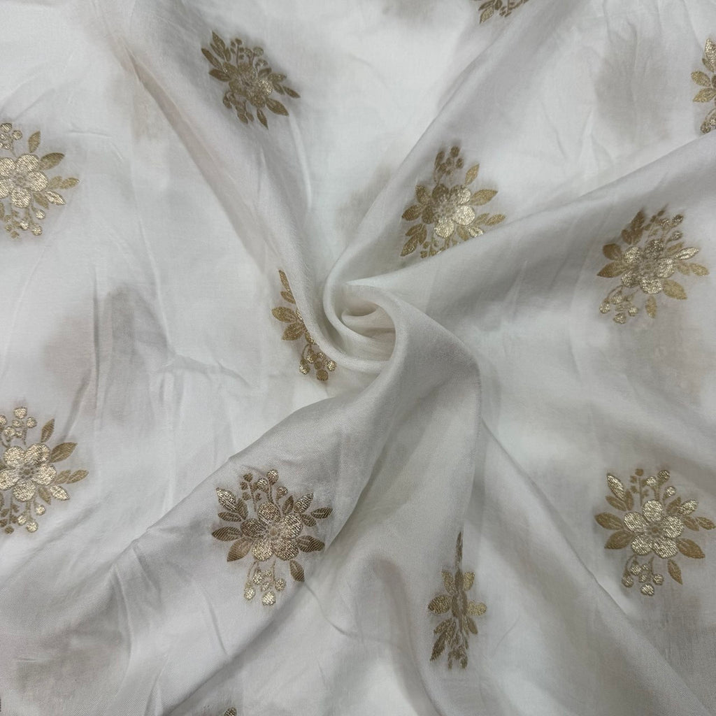 White & Golden Floral Dyeable Zari Flower Butti Banarasi Russian Silk Fabric