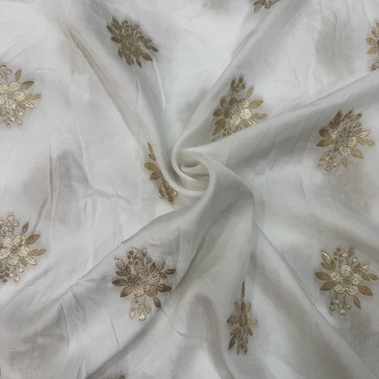 White & Golden Floral Dyeable Zari Flower Butti Banarasi Russian Silk Fabric