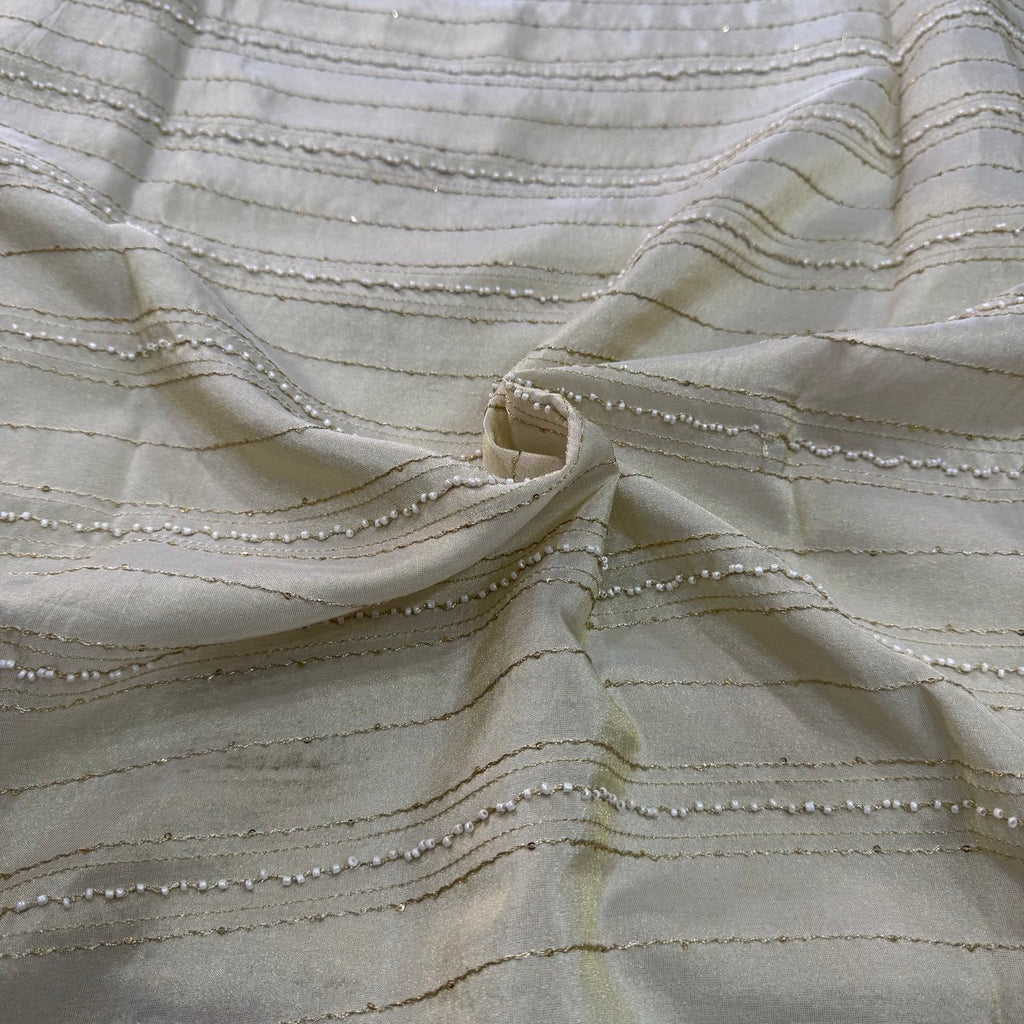 White & Golden Stripes Beads Handwork Dyeable Embroidered Viscose Tissue Silk Fabric
