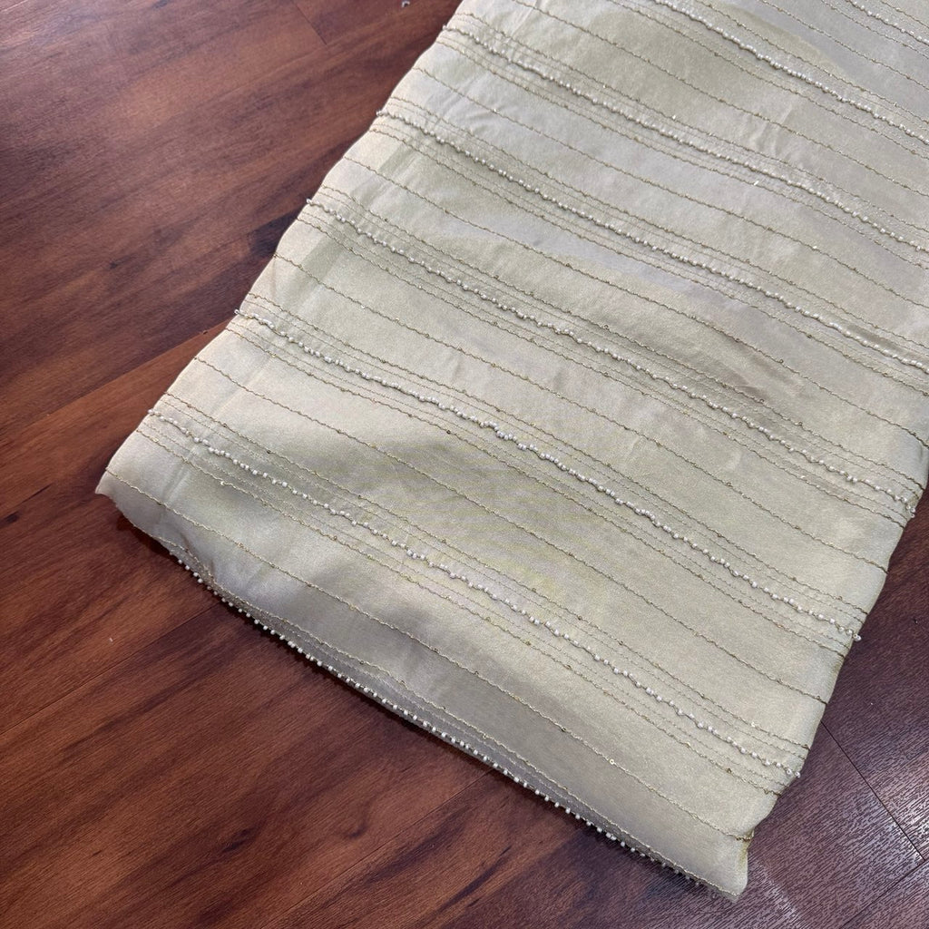 White & Golden Stripes Beads Handwork Dyeable Embroidered Viscose Tissue Silk Fabric