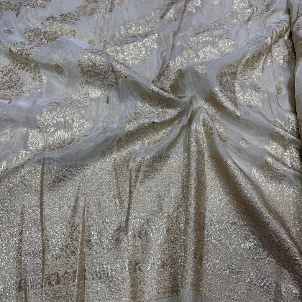 White & Rose Gold Floral Dyeable Zari Banarasi Viscose Gold Tissue Silk Panel Fabric