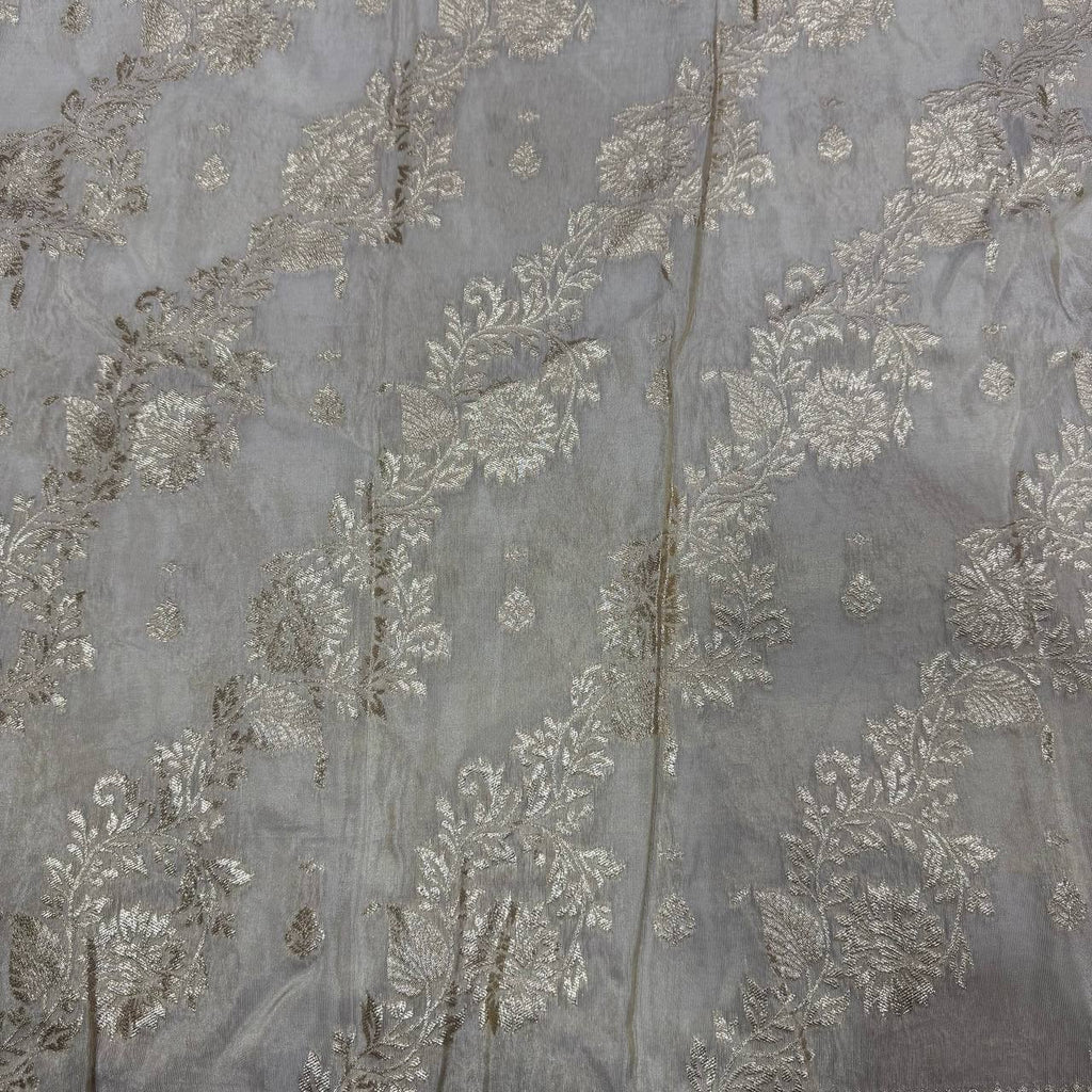 White & Rose Gold Floral Dyeable Zari Banarasi Viscose Gold Tissue Silk Panel Fabric