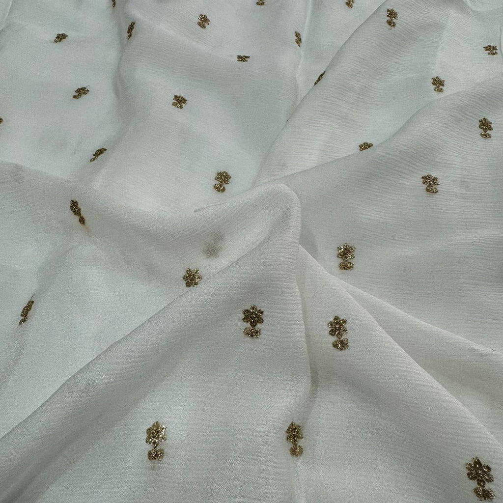 White Dyeable Flower Butti Embroidered Viscose Chinon Chiffon Fabric