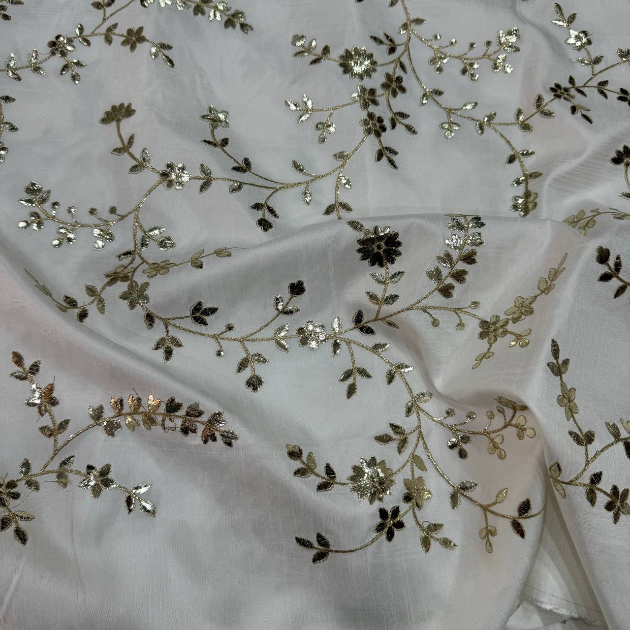 White Dyeable Floral Embroidered Viscose Dola Silk Fabric