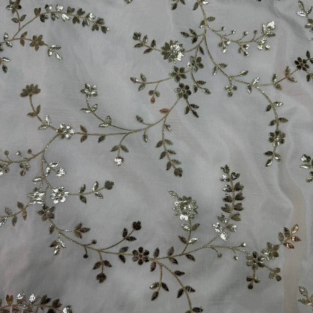 White Dyeable Floral Embroidered Viscose Dola Silk Fabric