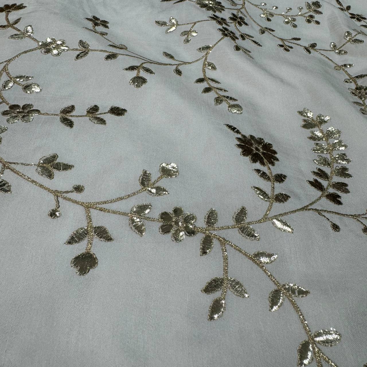 White Dyeable Floral Embroidered Viscose Dola Silk Fabric