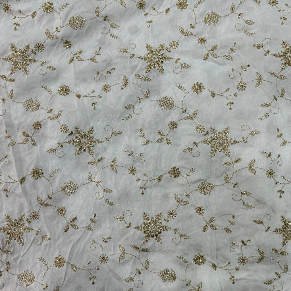White Dyeable Floral Embroidered Viscose Dola Silk Fabric