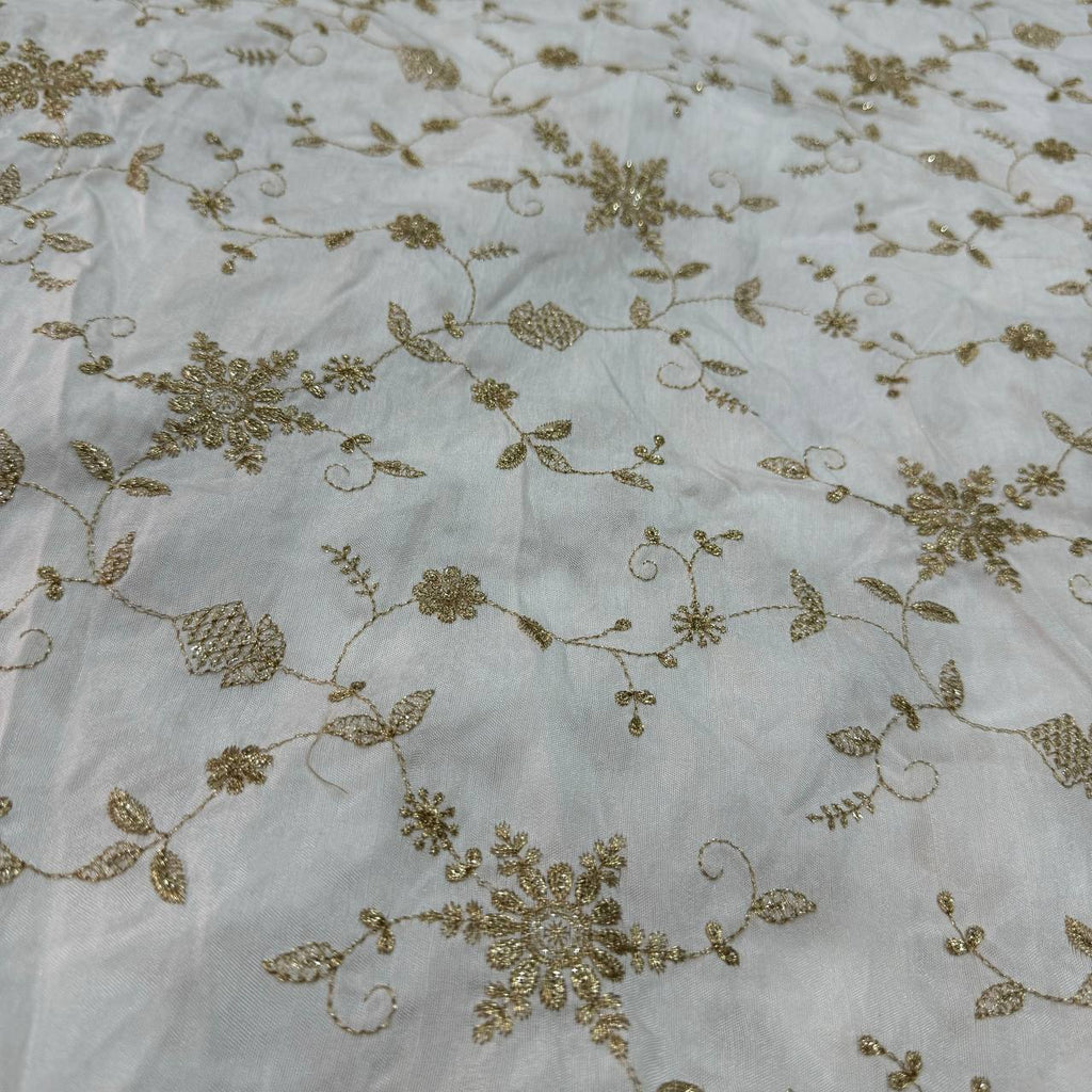 White Dyeable Floral Embroidered Viscose Dola Silk Fabric