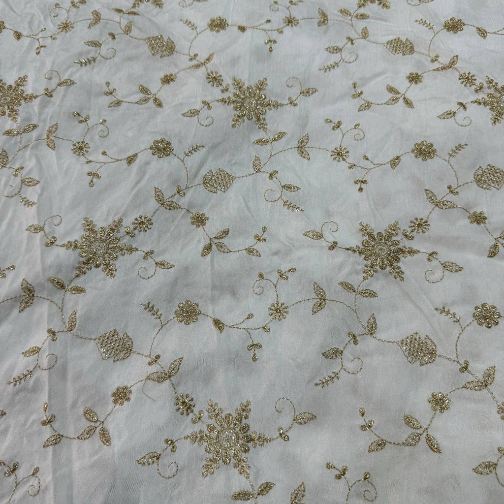 White Dyeable Floral Embroidered Viscose Dola Silk Fabric