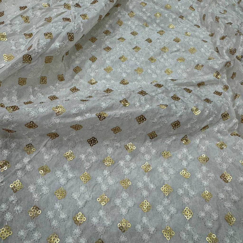 White Dyeable Geometric Embroidered Viscose Uppada Silk Fabric