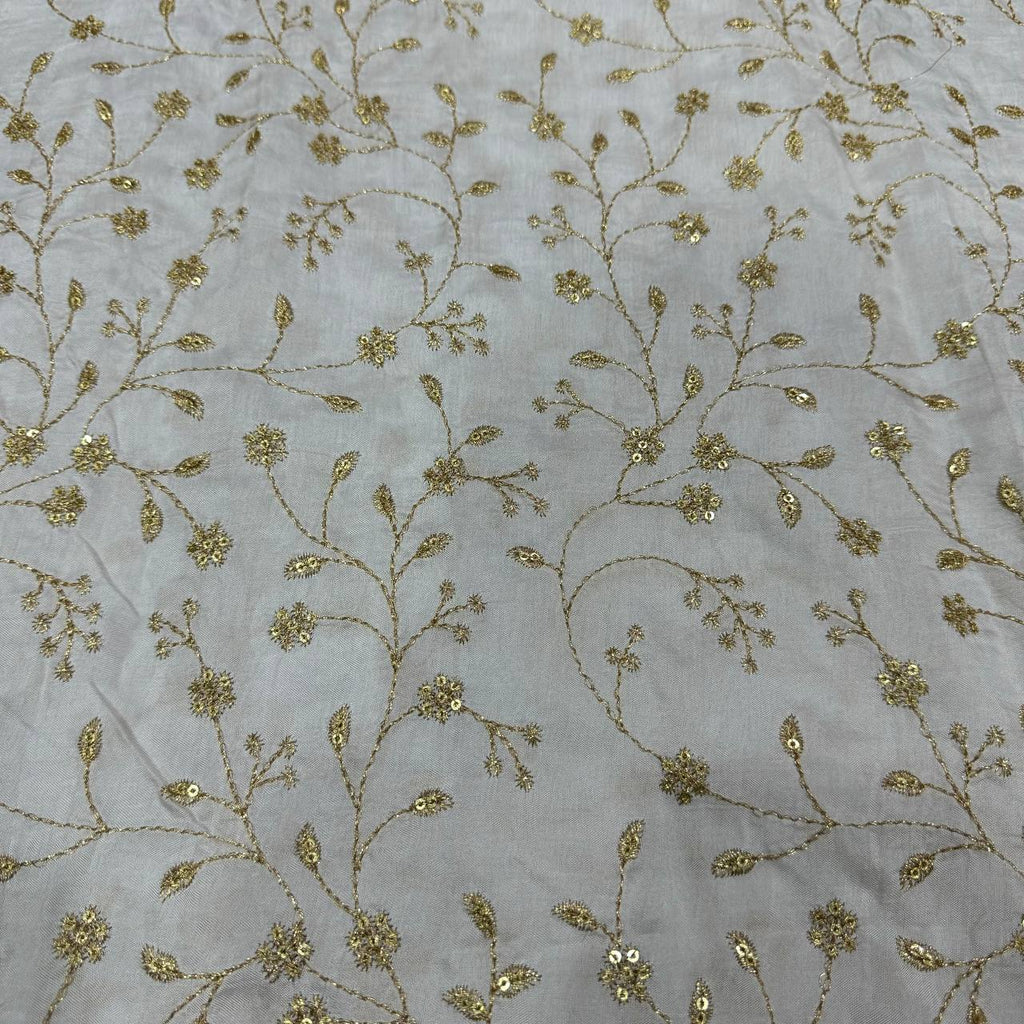 White Dyeable Floral Embroidered Viscose Dola Silk Fabric