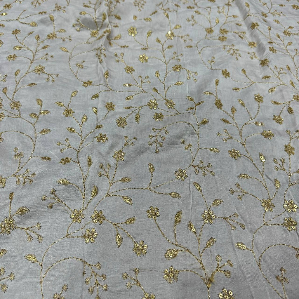 White Dyeable Floral Embroidered Viscose Dola Silk Fabric